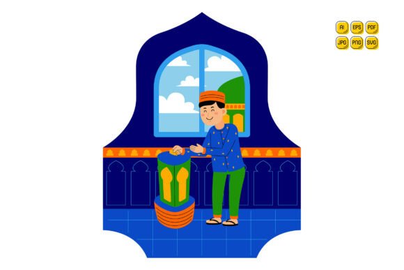Man Donating to Charity Box at Mosque Graphics and Illustrations Review