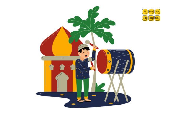Man Playing Drum Near Mosque Vector Review