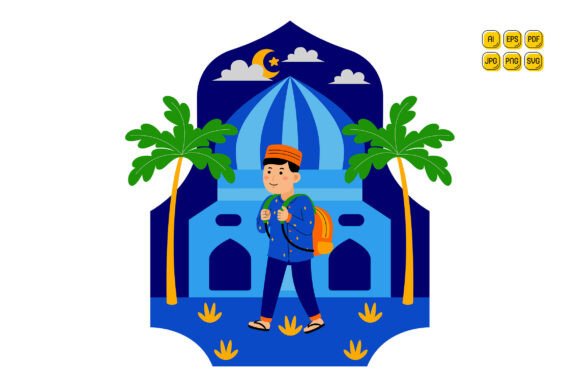 Man Walking Towards Mosque with Backpack Graphics and Illustrations