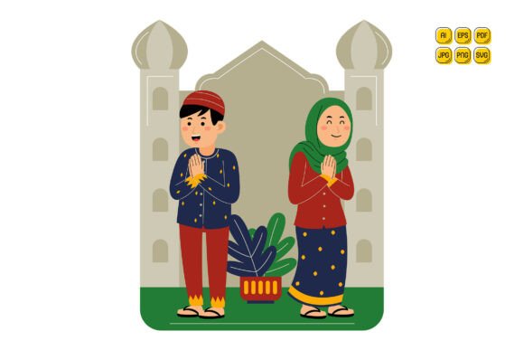 Muslim Couple Greeting at Mosque Vector Graphics and Illustrations