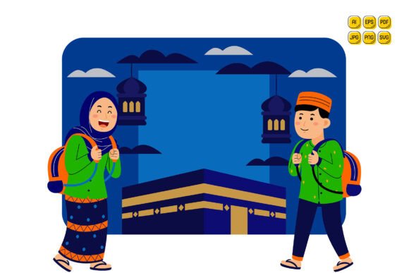 Muslim Couple Visiting Kaaba in Mecca Graphics and Illustrations