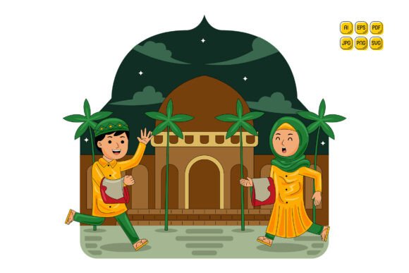 Muslim Man Woman Going to Mosque Graphics and Illustrations