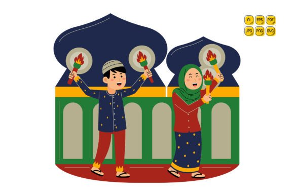 Muslim Young Couple Holding Torches Graphics and Illustrations Review
