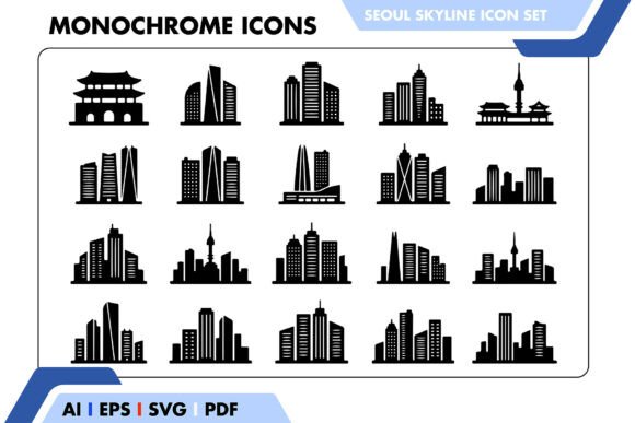 Seoul Skyline Icon Set Black White Graphics and Icons