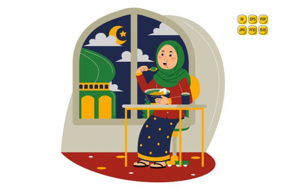 Woman Eating Meal During Ramadan Night Graphics and Illustrations