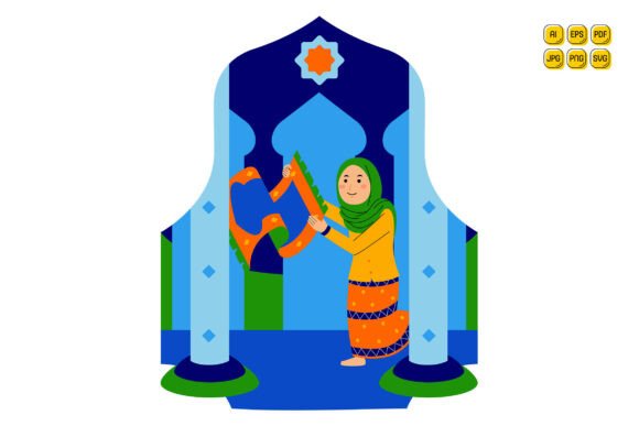 Woman Laying out Prayer Mat Graphics and Illustrations Review